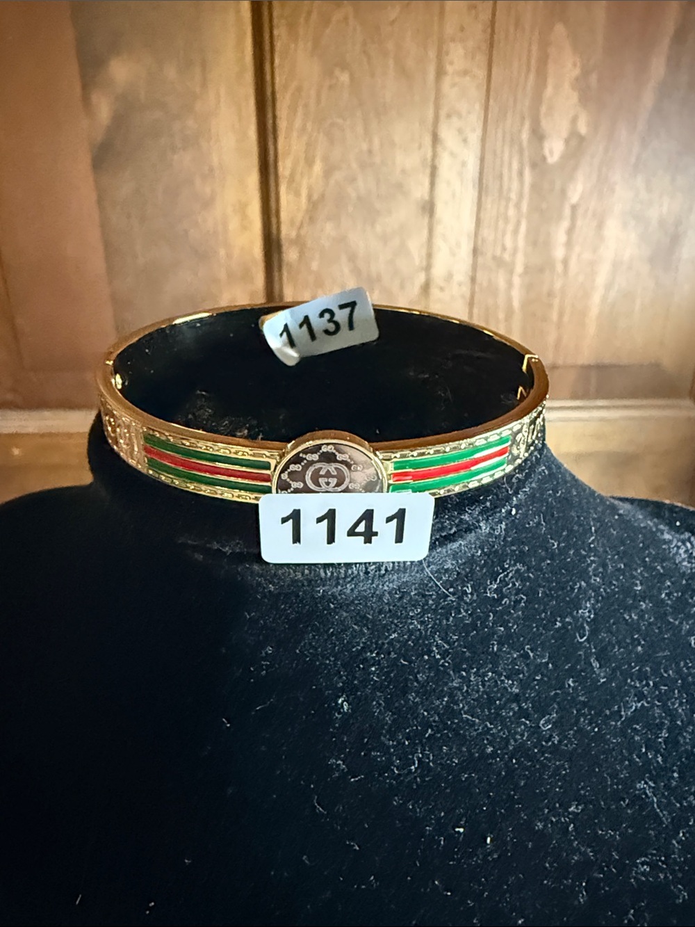 Gold-Tone Green & Red Enamel Bangle Bracelet